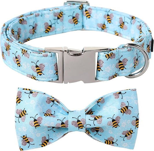 Maca Bates Blue Bee Dog Collar with Bow Bowtie for Dogs Bow Tie Adjustable Breakaway Blue Collars Accessories Birthday Gift for Small Medium Large XL Puppy with Golden Metal Buckle