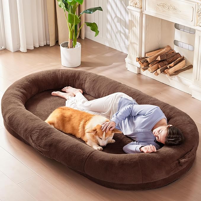 Yojoker Human Dog Bed for People Adults, Giant Bean Bag Bed with Blanket 72"x48"x10", Washable Faux Fur Nap Bed Adult Oval for People, Removable Large Memory Foam Human Sized Dog Bed Brown