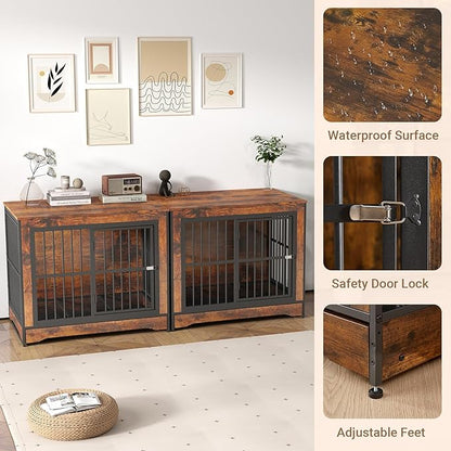 Rovibek Double Dog Crate Furniture 75 Inch, 2 Dogs