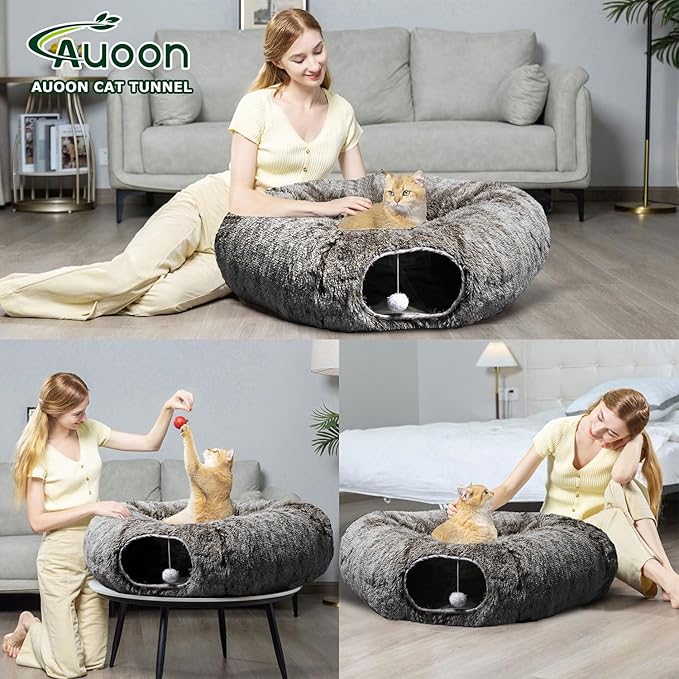 AUOON Cat Tunnel with Central Mat,Big Tube Playground Toys,Soft Plush Material,Full Moon Shape for Kitten,Cat,Puppy,Rabbit,Ferret (Brown)