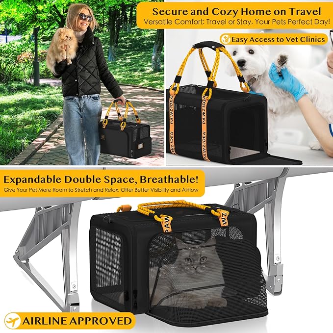 PAWZIDEA Expandable Pet Carrier w/ID Card, 18X11X11 TSA Airline Approved Cat Carrier for 2 Cats Under Seat, Soft-Sided Collapsible Small Dog Carrier Car Seat Travel Bag, Medium Cat Carrier Top Load