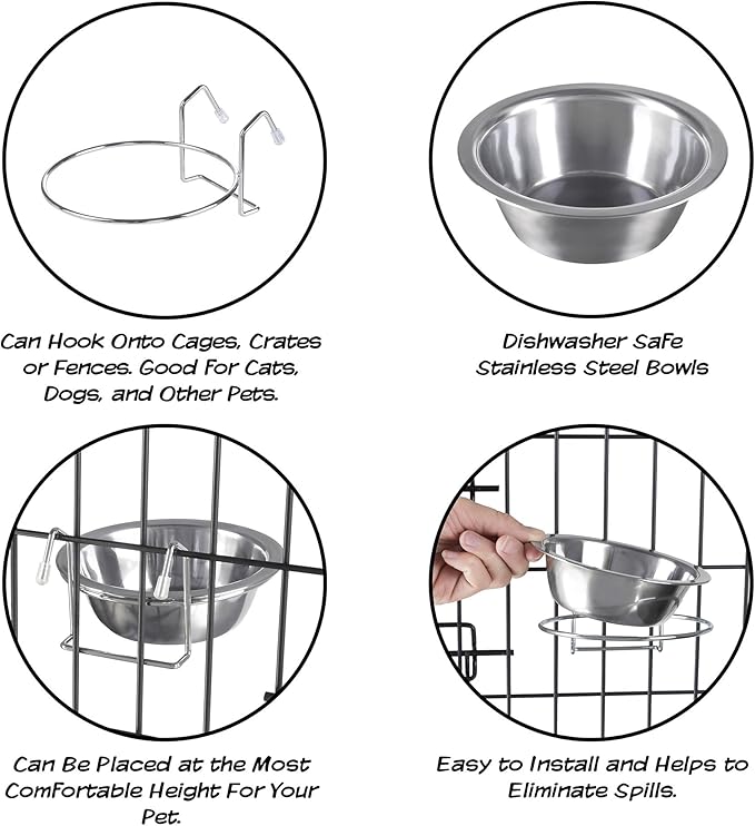 Set of 2 Stainless-Steel Dog Bowls - Cage, Kennel, and Crate Hanging Pet Bowls for Food and Water - 20oz Each and Dishwasher Safe by PETMAKER,Silver