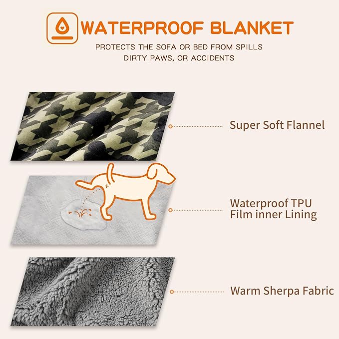 Waterproof Dog Blankets Pet Blanket 50"x60", Soft Fluffy Sofa Car Bed Protector, Reversible Sherpa Fleece Dog Blanket for Large Dogs (Olive Green Bones)