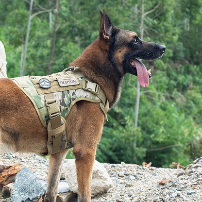 Tactical Dog Harness Vest with Handle, Military Dog Harness for Large Medium Dogs,No-Pull Service Dog Vest with Hook & Loop Panels,Adjustable Dog Vest Harness for Walking Hiking Training（Camo）