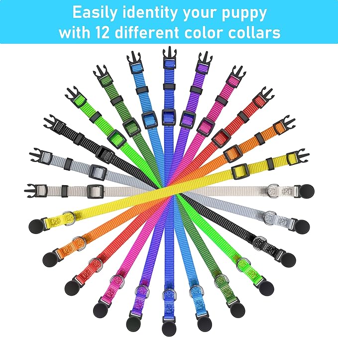 GAMUDA Puppy Collars – Super Soft Nylon Whelping Puppy ID - Adjustable Breakaway Litter Collars Pups – Assorted Colors Plain & Identification Collars with 2 Record Keeping Charts – Set of 12 (S)