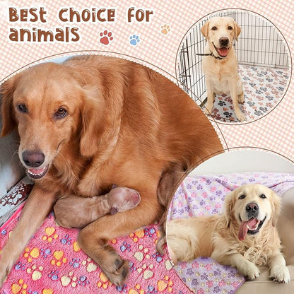 4 Pcs Pet Blanket Dog Puppy Blanket Paw Print Fleece Blanket for Small Medium Pet Dog Cat Warm Soft Sleep Mat Guinea Pig Cage Liners Blanket (White, Coffee, Pink, Purple,X-Large(40 x 63 Inch))