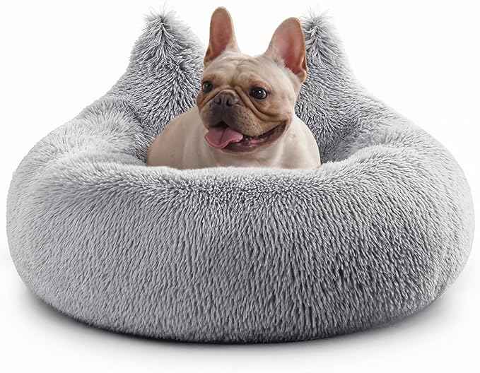 Westen Home Calming Dog Bed Medium Size Dog - Donut Washable Medium Dog Bed, 30 inches Anti-Slip Round Fluffy Plush Dog Bed, Fits up to 45 lbs Pets, Light Grey