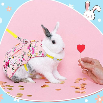 3 Piece Cute Rabbit Leash and Harness Set, Bunny Rabbit Dress Clothes Walking Harness Vest Escape Proof Pet Supply for Rabbit Hedgehog Ferret Guinea Pig (Pink Flower, Blue Flower, Daisy)