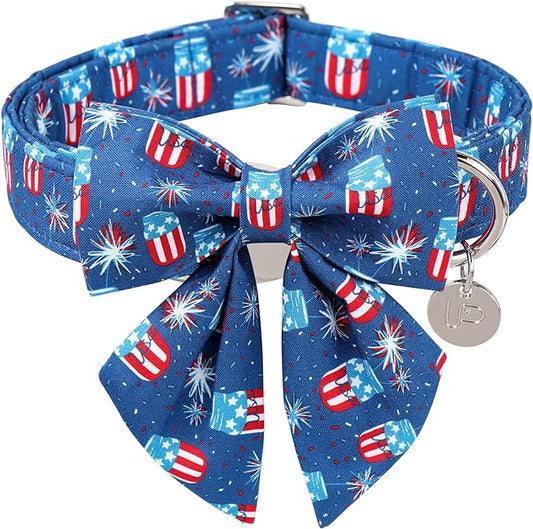 Patriotic Dog Collar with Bow Tie 4th of 13.5-22in