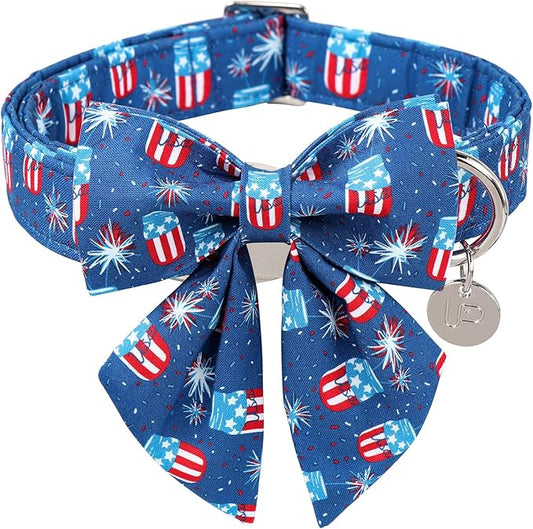 Patriotic Dog Collar with Bow Tie 4th of 10-16in