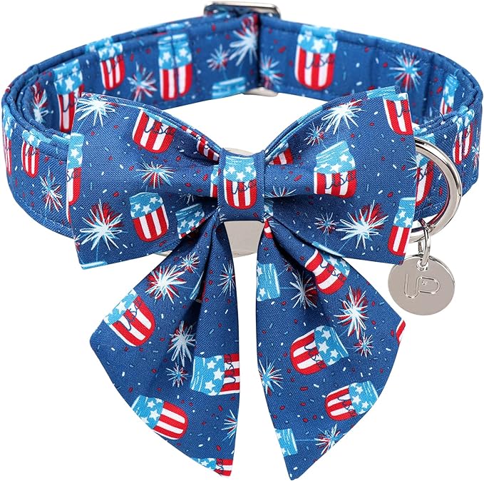 Patriotic Dog Collar with Bow Tie 4th of 8-12in