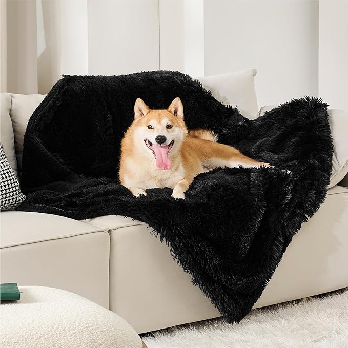 Bedsure Waterproof Dog Blankets for Large Dogs - Calming Cat Blanket for Couch Protector Washable, Long Faux Fur Pet Throw Blanket for Puppy, Reversible Furniture Protection, 40"x50", Black