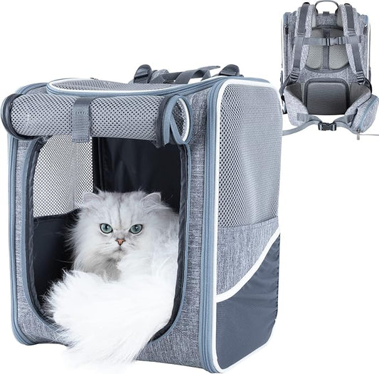 petisfam Ergonomic Design Pet Backpack Carrier for Medium Cats and Small Dogs. Better stability and Less Turbulence, Well Padded, 4 Pockets, Breathable, Easy Storage