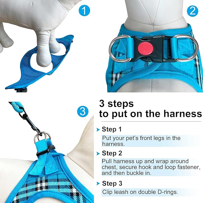 Dog Harness Step-in Breathable Puppy Cat Dog Vest Harnesses for Small Medium Dogs Blue Plaid