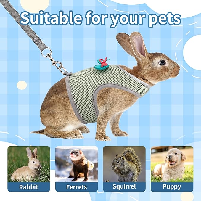 AIITLE Rabbit Harness and Leash Set with Cute Bow, Adjustable Bunny Harness Escape Proof for Rabbits Kitten Ferret Puppy Small Pets Walking Runnig Hiking Camping Outdoor Olive Green L