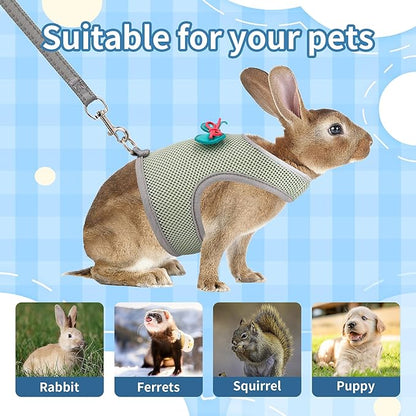 AIITLE Rabbit Harness and Leash Set with Cute Bow, Adjustable Bunny Harness Escape Proof for Rabbits Kitten Ferret Puppy Small Pets Walking Runnig Hiking Camping Outdoor Olive Green L