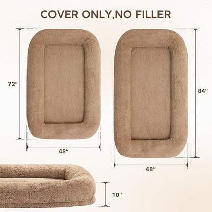 Human Dog Bed Cover (No Filler, Cover only), Human Size Dog Bed Cover Replacement, Suit for 72"x48"x10", 290 GSM Calming Fluffy Plush Cover Washable Removable Anti-Slip, Camel