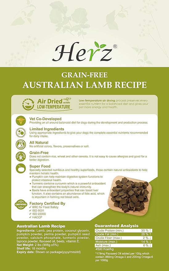 Herz Air-Dried Dog Food – Australian Lamb Recipe 2 lb, Single Pure-Meat, Grain Free, All Natural, High Protein, Limited Ingredients