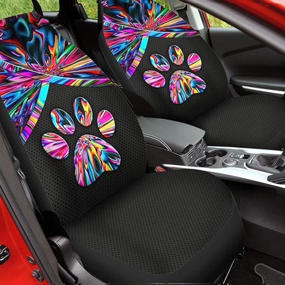 Colorful Trippy Dog Paw Printed Auto Front Seats Protector 2pcs Thin