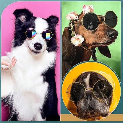 Dog Sunglasses Retro Pet Glasses Doll Glasses Classic Round Dog Glasses Metal Cat Puppy Eye Wear Hippie Costumes for Cats and Dogs