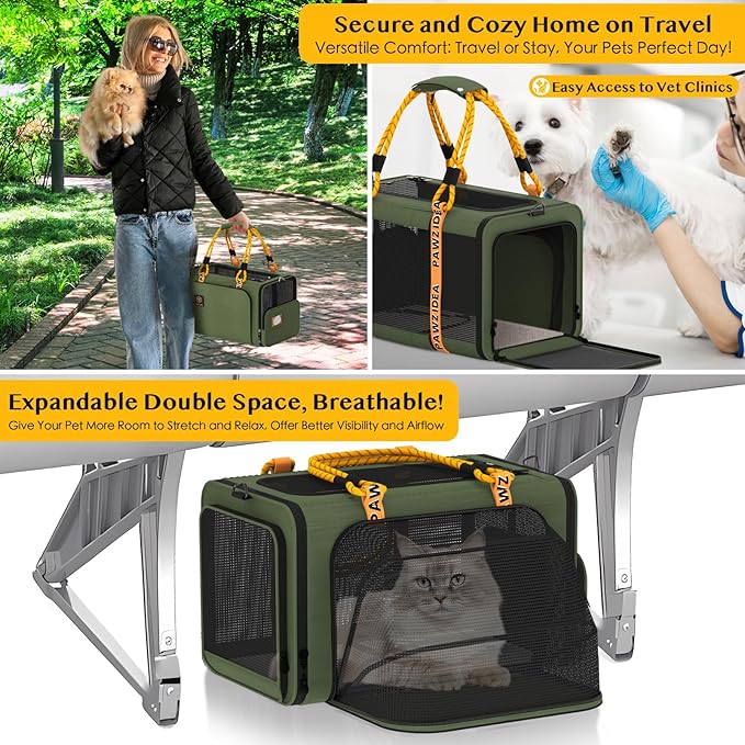 PAWZIDEA Expandable Pet Carrier w/ID Card, 18X11X11in TSA Airline Approved Cat Carrier for 2 Cats Under Seat, Soft-Sided Collapsible Small Dog Carrier Car Seat Travel Bag, Puppy Cat Crate Top Load