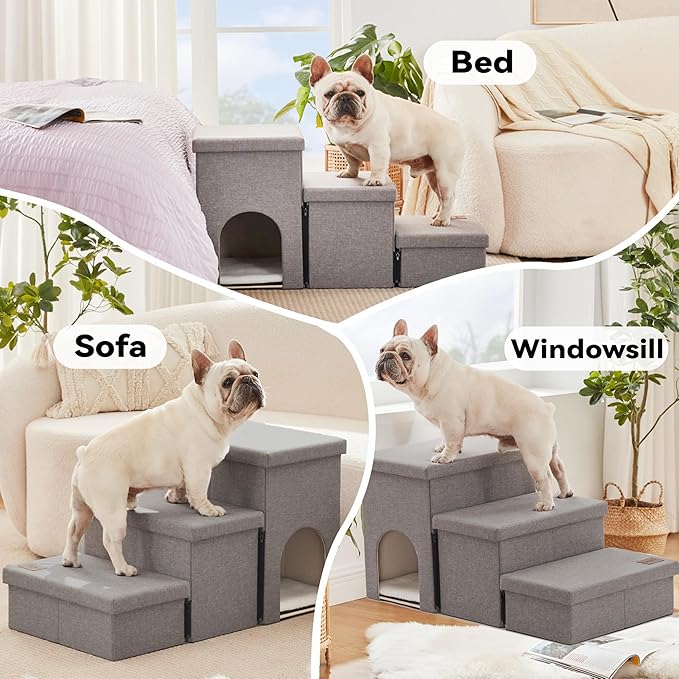 Love's cabin Dog Stairs for Small Medium or Large Dogs with Storage and Condo Couch,3-Step Gray 200 lbs,Solid