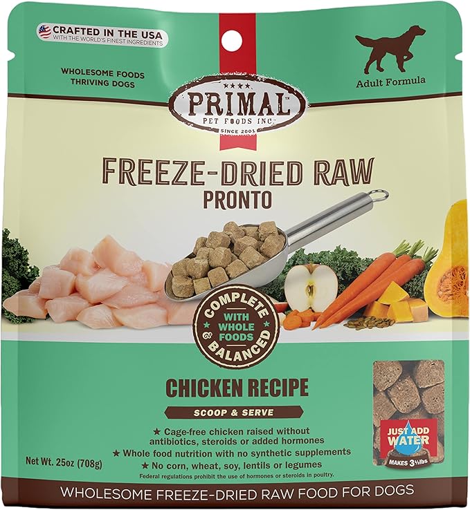 Primal Freeze Dried Dog Food Pronto, Chicken; Scoop & Serve, Complete & Balanced Meal; Also Use As Topper or Treat; Premium, Healthy, Grain Free, High Protein Raw Dog Food (25 oz)