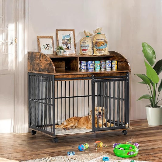 NicBex Dog Crate Furniture Dog Cage with Lockable Wheels