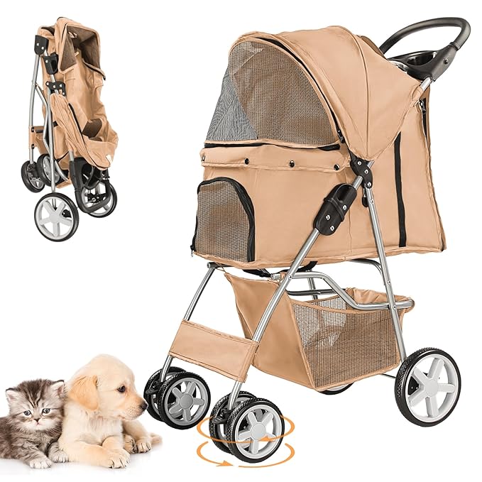 Pet Stroller for Small Dogs and CatsQuick-Folding Portable Travel Cat Dog Stroller with Storage Basket and Cup Holder 4 Wheels,