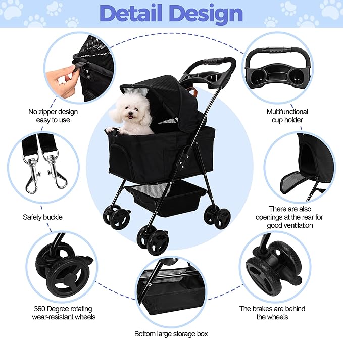 Pet Stroller Dog Strollers for Small Dogs 4 Wheels Rotate 360 Degrees with Brakes