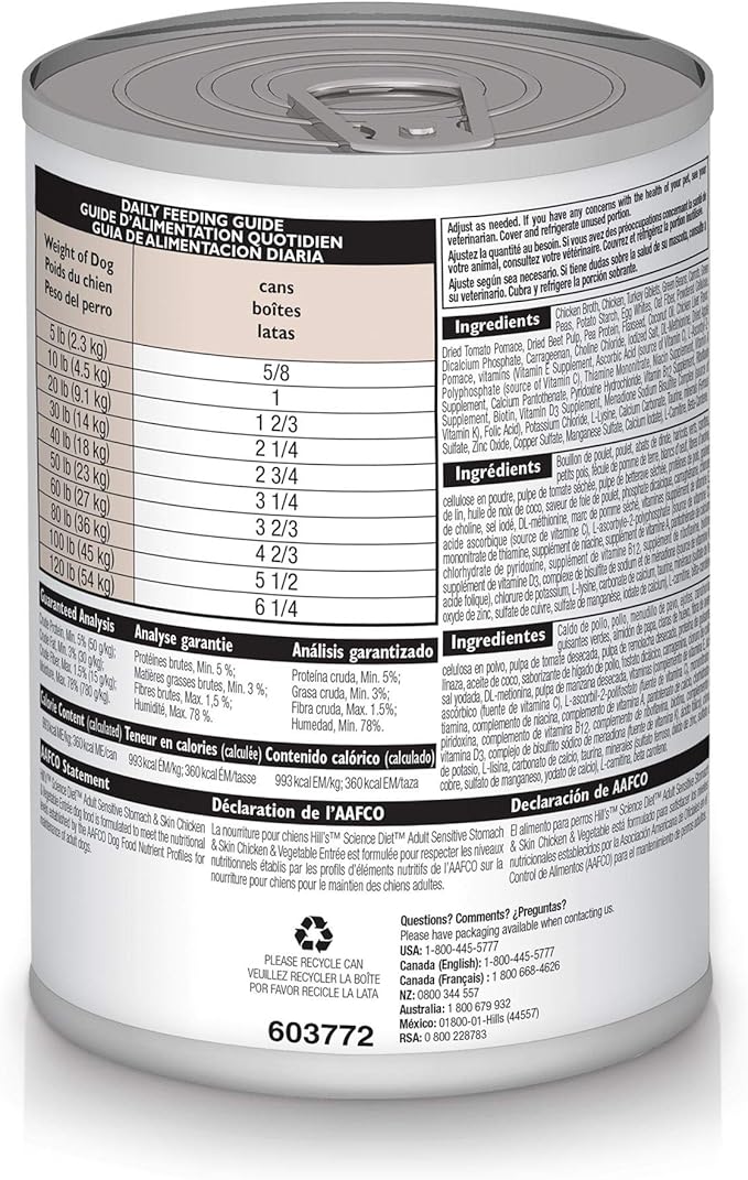 Hill's Science Diet Sensitive Stomach & Skin, Adult 1-6, Stomach & Skin Sensitivity Support, Wet Dog Food, Chicken & Vegetables Loaf, 12.8 oz Can, Case of 12