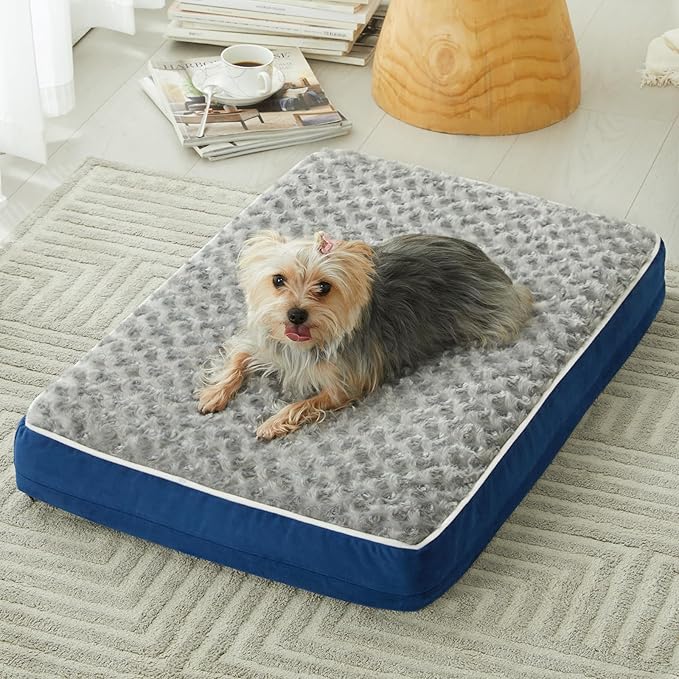 WNPETHOME Orthopedic Large Dog Bed, Dog Bed for Large Dogs with Egg Foam Crate Pet Bed with Soft Rose Plush Waterproof Dog Bed Cover Washable Removable（Small Dog Bed 30 x 20 x 3 inch Blue）