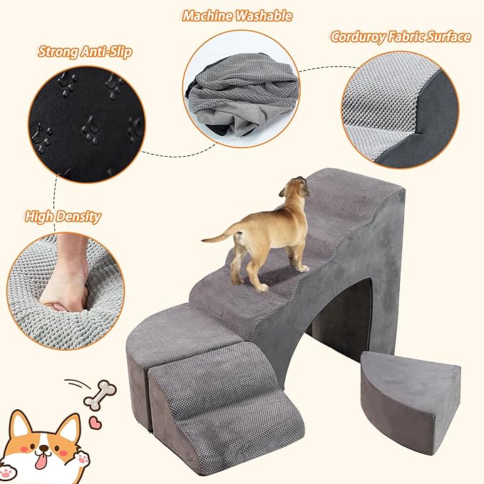 30” Dog Stairs for High Beds, Multifunctional Pet Stairs Adjusts to Either Side of Bed, 6 Tier Foam Pet Stairs for High Beds, Non-Slip Balanced Dog Ramps/Steps for Small Dogs, Old Pets