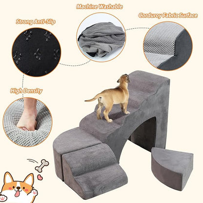 30” Dog Stairs for High Beds, Multifunctional Pet Stairs Adjusts to Either Side of Bed, 6 Tier Foam Pet Stairs for High Beds, Non-Slip Balanced Dog Ramps/Steps for Small Dogs, Old Pets