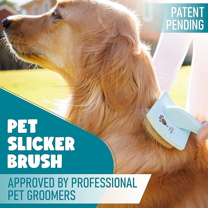 Pet Slicker Brush With Soft Massage Grooming Stainless Steel Pins - For Dematting, Shedding Fur, and Undercoat - Ideal Gift for Professional Pet Groomers - Long Slicker Brush - Flying Pawfect