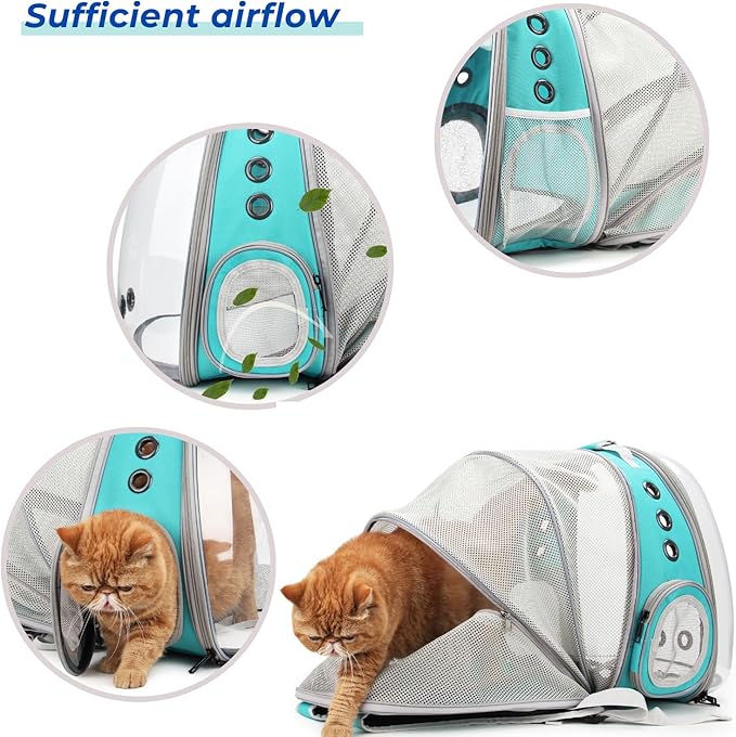 Lollimeow Cat Carrier Backpack, Bubble Expandable Backpack Carrier, Pets and Small Dogs,Airline-Approved, Designed for Travel, Hiking, Walking & Outdoor Use (Back Expandable-Green)