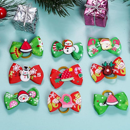 Tongcloud 20pcs Pets Dog Hair Bows for Christmas with Rubber Bands Dog Bows Bowknot Snowman Christmas Dog Bows Snowman Dog Bows(Red and Green