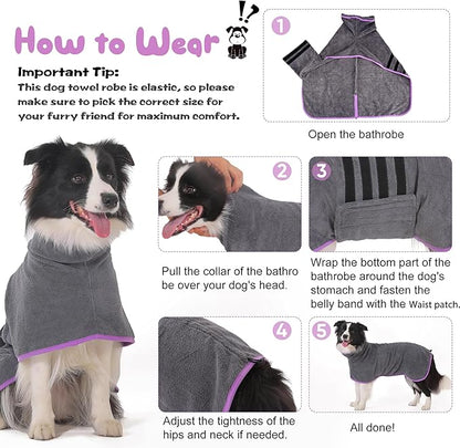Microfibre Dog Bathrobe Dog Towel Wrap Super Absorbent Dog Drying Coat Bath Robe for Puppy, Medium & Large Dogs, Fast Drying, Adjustable, for Pet Dogs & Cats