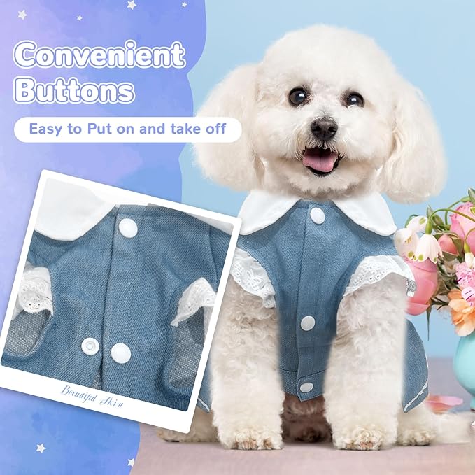 Denim Dog Dress for Small Dogs Cats Cute Girl Dog Clothes Cute Strawberry Female Pet Dresses Spring Summer Pet Outfits for Chihuahua Yorkie Shih Tzu(Light Blue,X-Large)