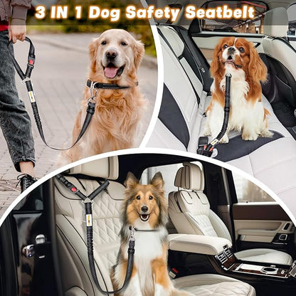 Dog Seat Belt for Car, Adjustable 4-in-1 Dog Car Seatbelt Leash with Hook & Buckle, Reflective Dog Seatbelt Harness for Car with Vehicle Car Headrest & Swivel Carabiner and Poop Bag, Black