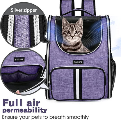 BAGLHER Pet Carrier Backpack, Dog Backpack Carrier for Small Dogs Cats, Thicker Bottom Support, Ventilated Design Breathable Dog Carrier Backpack Cat Bag for Hiking Travel Camping Outdoor Use Purple