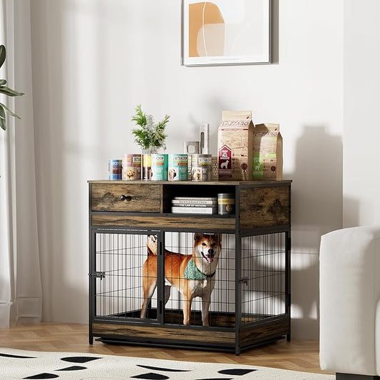 NicBex Dog Crate Furniture Dog Cage with 2 Doors and Drawers