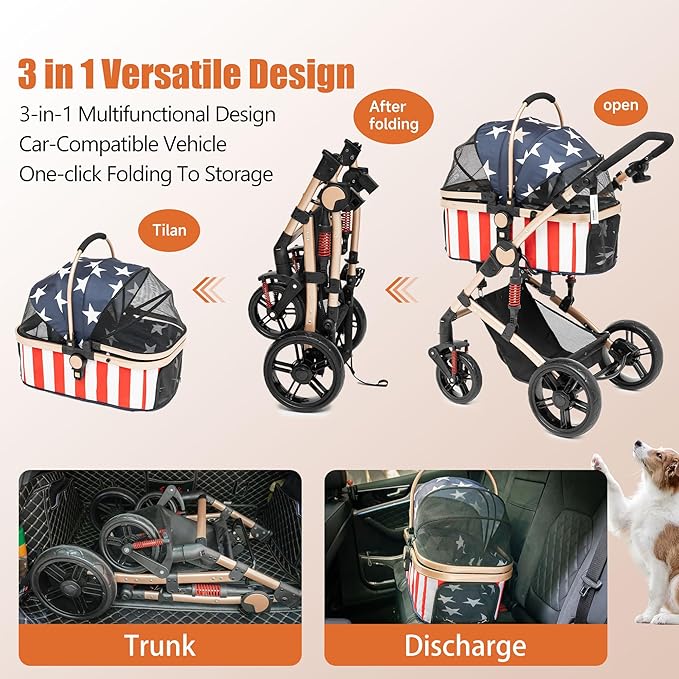 Dog Pet Stroller for Small to Medium Dogs 20lbs 30lbs to 65lbs Capacity 3 in 1 One-Click 2 Cat 2 Dog