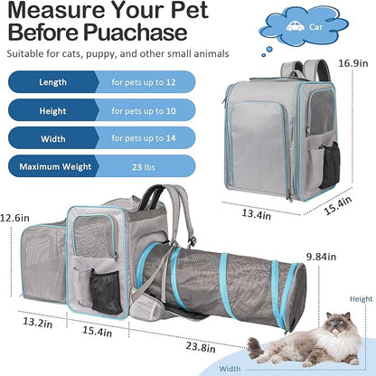 Cat Carrier Backpacks, Expandable Cat Carrier with Litter Box, Cat Carrier Backpack with Collapsible Tunnel, Portable Cat Carrier for Car Travel, Pet Travel Carrier with Litter Box for Long Car Travel