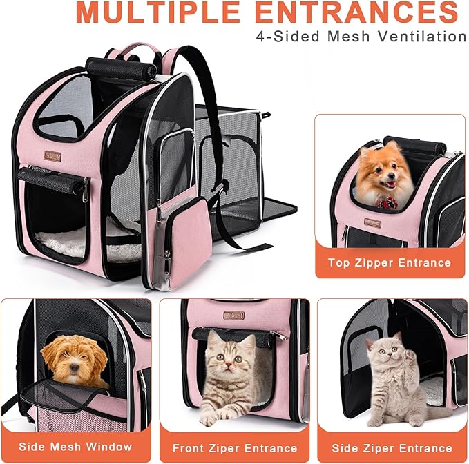 Cat Backpack Carrier, Dog Backpack Carrier for Small Dogs Medium Cats, Airline Approved Expandable Pet Backpack Carrier for Small Dogs Puppies Medium Cats Fit Up to 18 Lbs, Pink