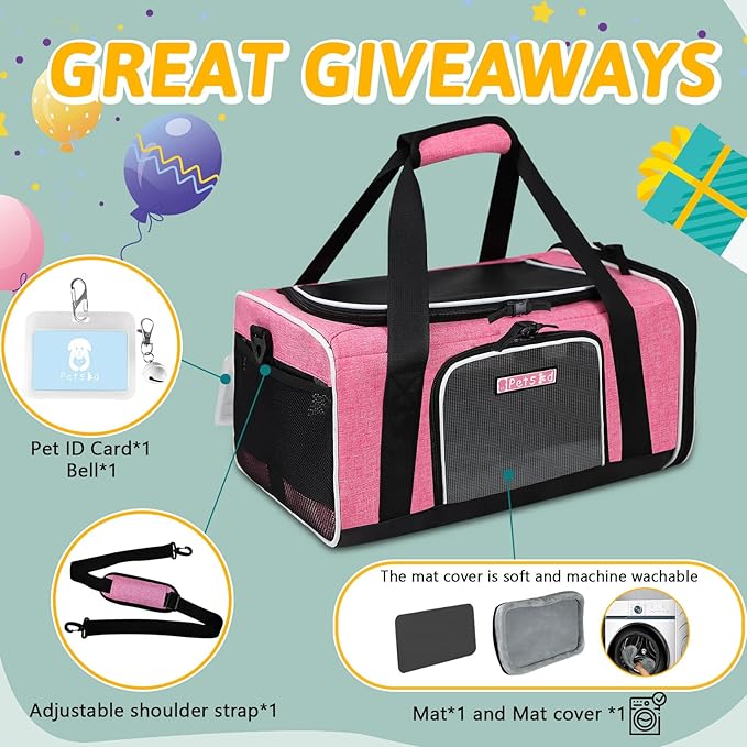 Petskd Pet Carrier 17x12x8.5 JetBlue Allegiant Airline Approved,Pet Travel Carrier Bag for Small Cats and Dogs, Soft Dog Carrier for 1-13 LBS Pets,Dog Cat Carrier with Safety Lock Zipper(Pink)