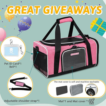 Petskd Pet Carrier 17x12x8.5 JetBlue Allegiant Airline Approved,Pet Travel Carrier Bag for Small Cats and Dogs, Soft Dog Carrier for 1-13 LBS Pets,Dog Cat Carrier with Safety Lock Zipper(Pink)