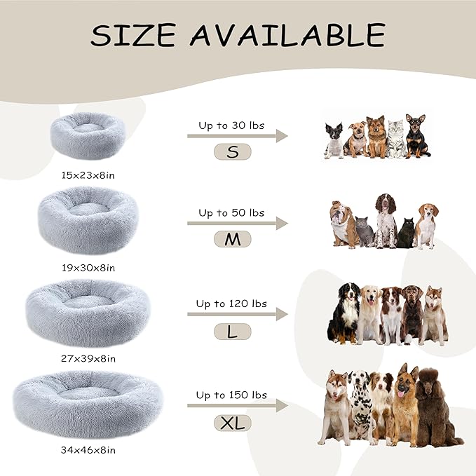 23'' inch Calming Dog Bed, Anti-Anxiety Donut Small Dog Bed, Warming Cozy Soft Cute Round Washable, Marshmallow Cuddler Nest Puppy Bed, Grey