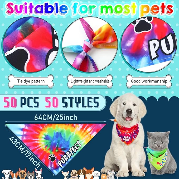 50 Pcs Tie Dye Dog Bandanas with Words