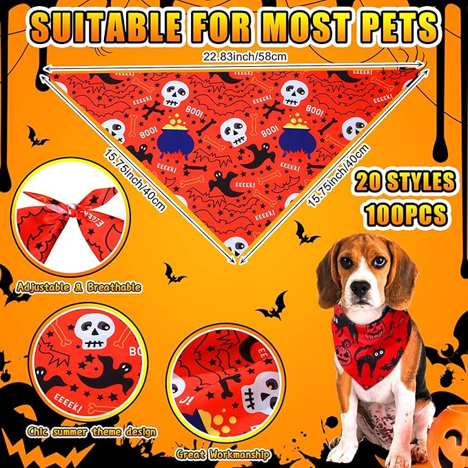 100 Pcs Halloween Dog Bandanas Bulk Pumpkin Black